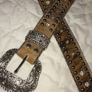 Bedazzled brindle cow hide belt